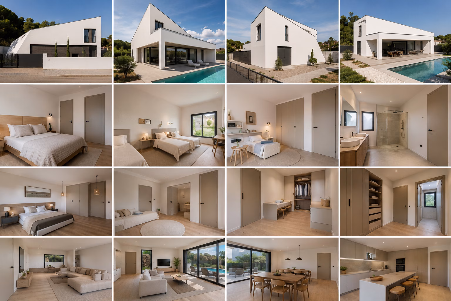 Collage del exterior y el interior de una casa blanca moderna, en el que se muestran dormitorios, zonas de estar, cocina, baño, piscina y una decoración minimalista, fotografiado con luz natural.