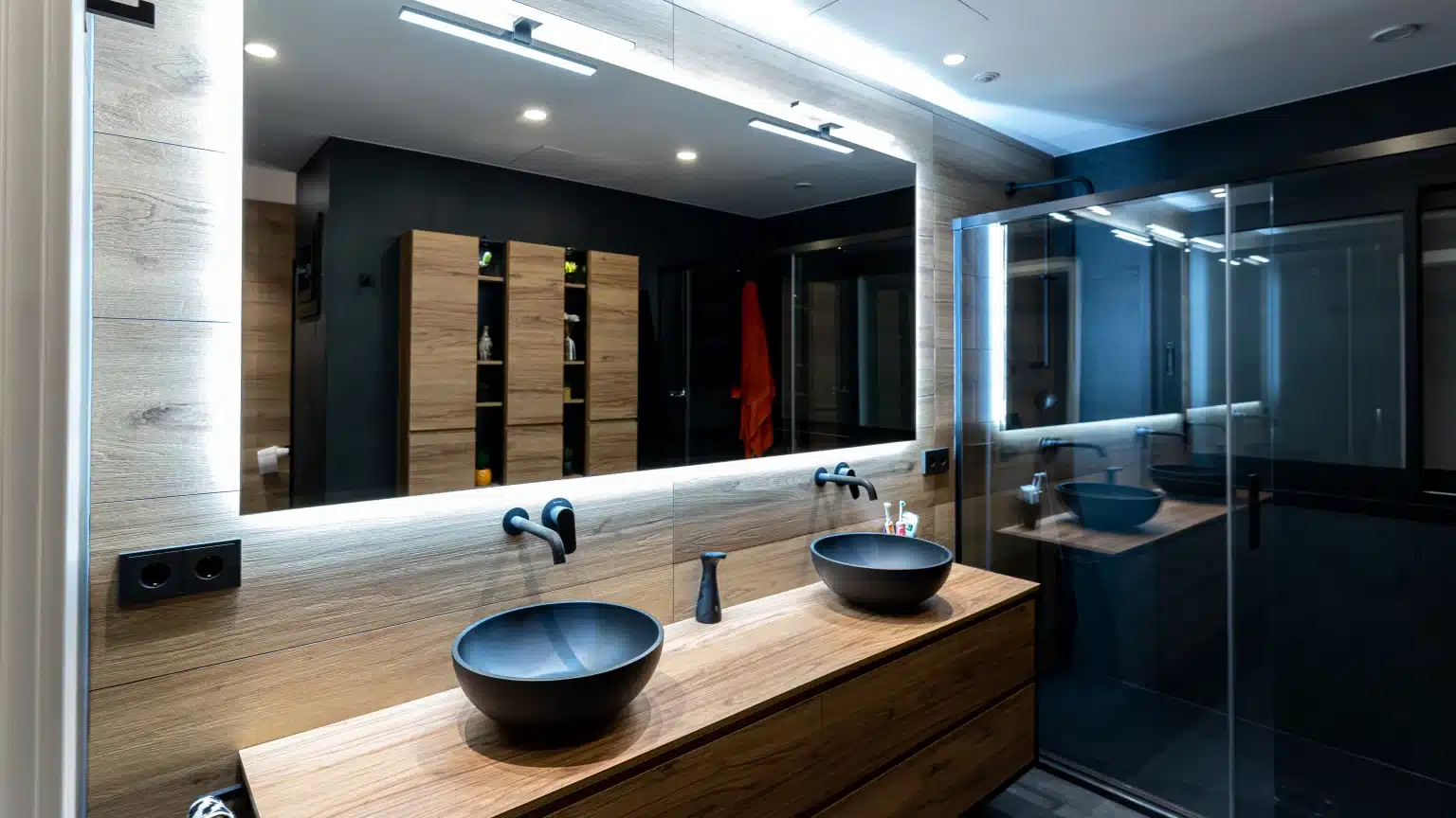Baño con dos lavabos oscuros y espejo iluminado