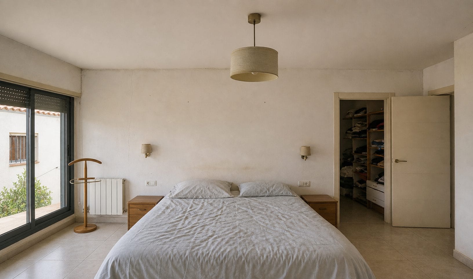 Dormitorio con cama clara y ventana de esquina